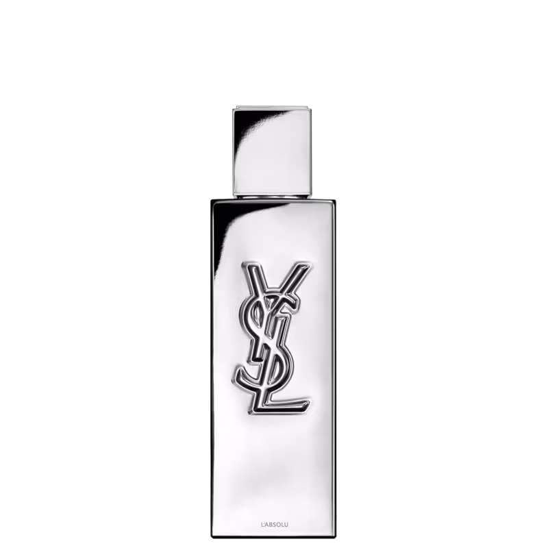 Frasco de perfume de design minimalista prateado, com o logotipo da marca Yves Saint Laurent em destaque. A embalagem possui uma forma geométrica simples e elegante, com uma tampa destacada no topo.