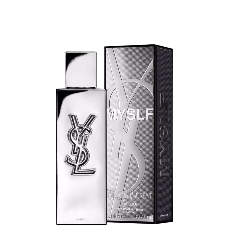 Frasco de perfume de design minimalista prateado, com o logotipo da marca Yves Saint Laurent em destaque. A embalagem possui uma forma geométrica simples e elegante, com uma tampa destacada no topo.