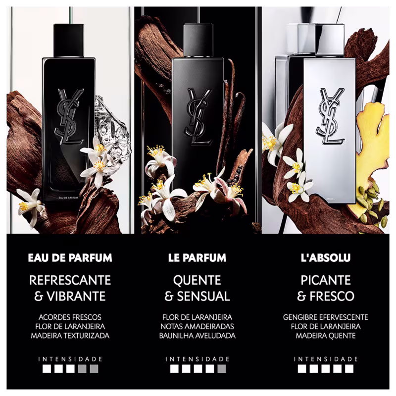 Frasco de perfume de design minimalista prateado, com o logotipo da marca Yves Saint Laurent em destaque. A embalagem possui uma forma geométrica simples e elegante, com uma tampa destacada no topo.