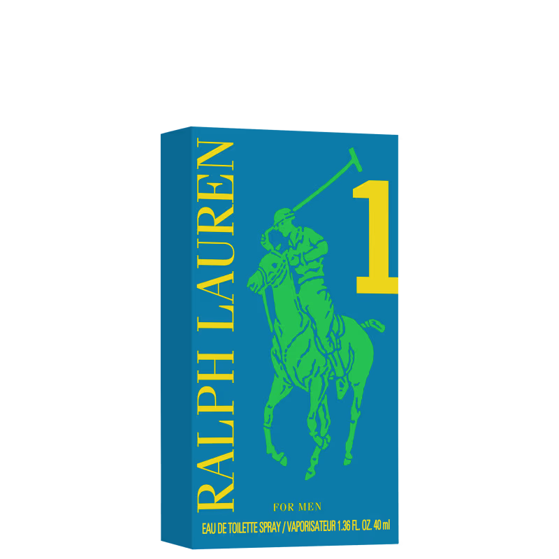 Frasco de perfume Big Pony 1 azul com logotipo verde da marca Ralph Lauren em destaque. Embalagem de vidro com tampa prateada, apresentando design elegante e minimalista.