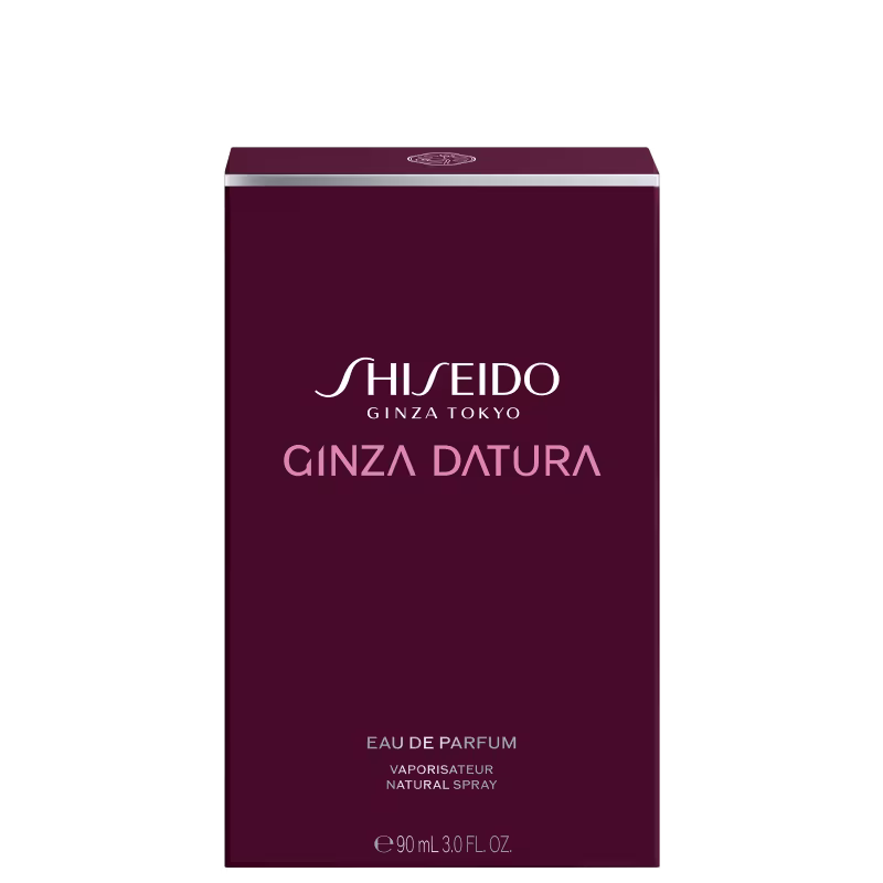 Caixa do Perfume Ginza Datura Shiseido Eau de Parfum em design elegante e minimalista, com a marca "Shiseido" impressa na embalagem.