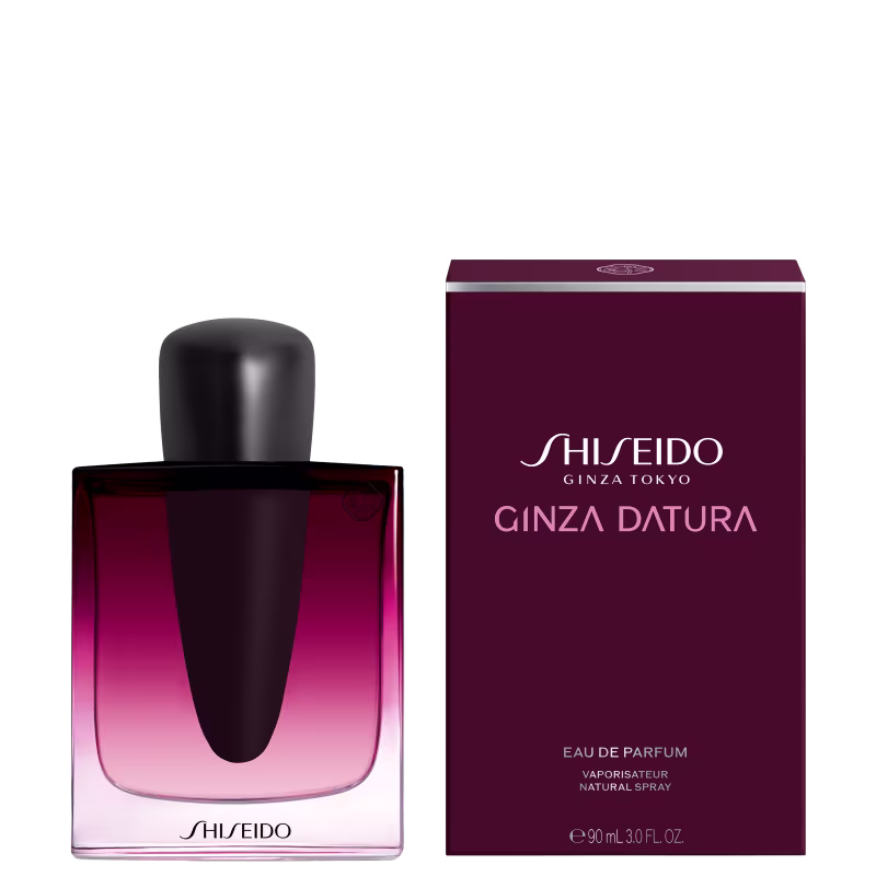 Perfum Ginza Datura Shiseido Eau de Parfum em formato de frasco preto e rosa com tampa preta. O frasco possui um design elegante e minimalista, com a marca "Shiseido" impressa na embalagem.
