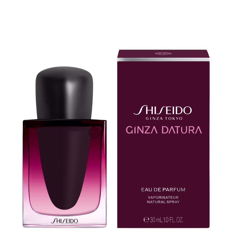 Perfume Ginza Datura Shiseido Eau de Parfum em formato de frasco preto e rosa com tampa preta. O frasco possui um design elegante e minimalista, com a marca "Shiseido" impressa na embalagem.
