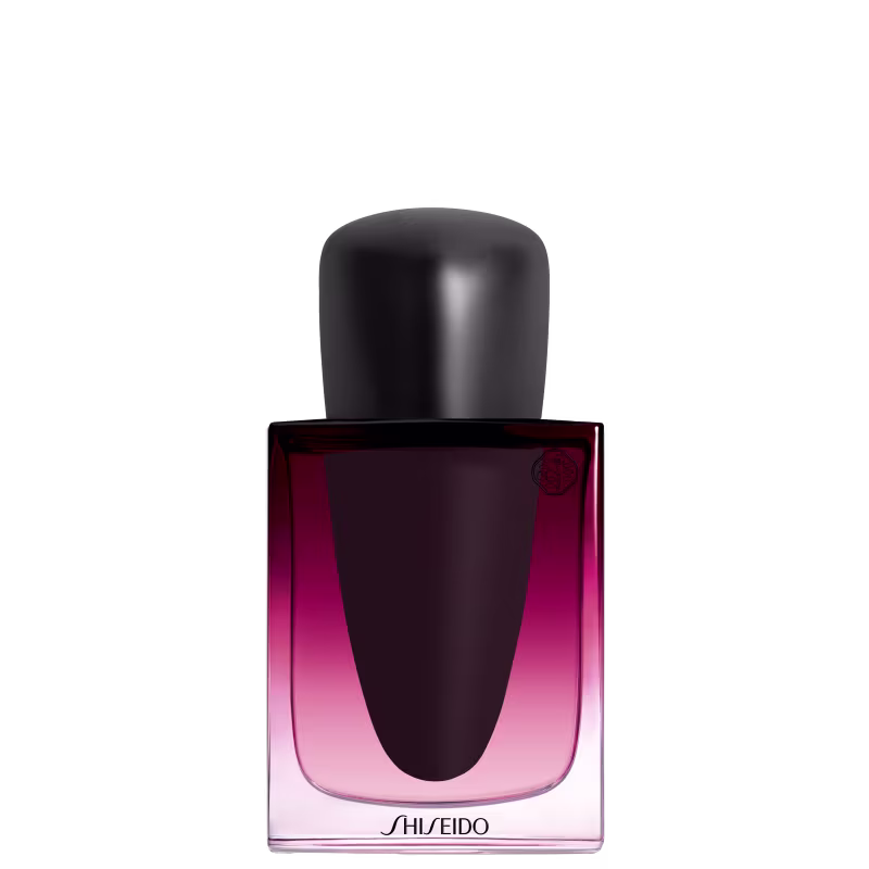 Perfume Ginza Datura Shiseido Eau de Parfum em formato de frasco preto e rosa com tampa preta. O frasco possui um design elegante e minimalista, com a marca "Shiseido" impressa na embalagem.