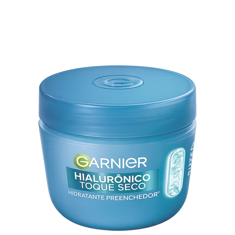 Garnier Hialurônico Toque Seco, com tampa azul e rótulo destacando o nome do produto e a promessa de hidratar profundamente a pele.