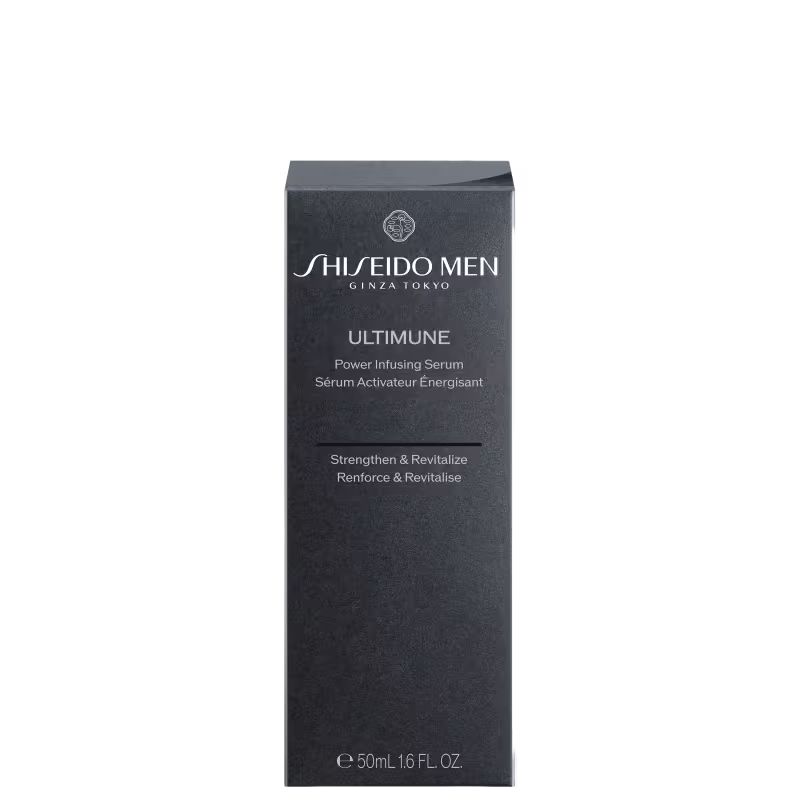 Caixa preta de produto de beleza da marca Shiseido Men, contendo um soro ativador de energia chamado Ultimune. A embalagem apresenta o nome da marca e do produto em letras brancas.