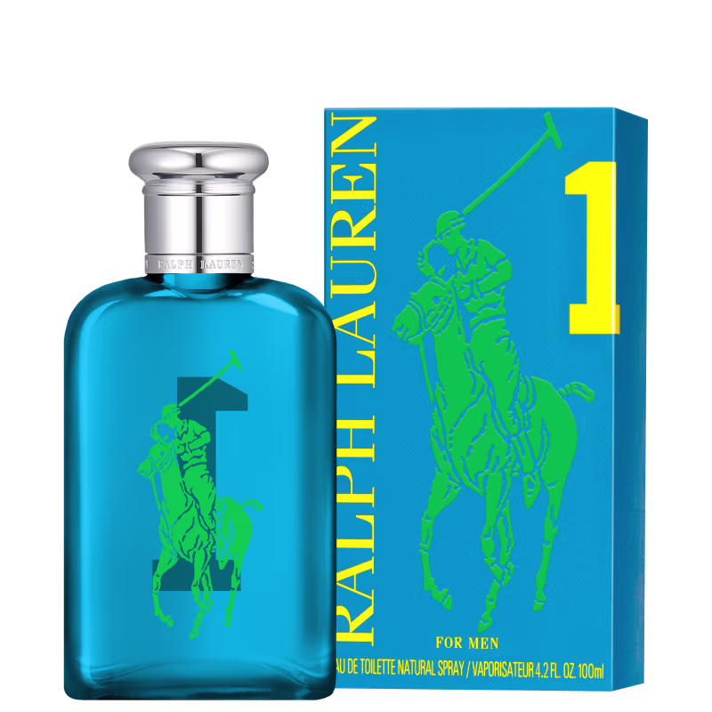 Frasco de perfume Big Pony 1 azul com logotipo verde da marca Ralph Lauren em destaque. Embalagem de vidro com tampa prateada, apresentando design elegante e minimalista.