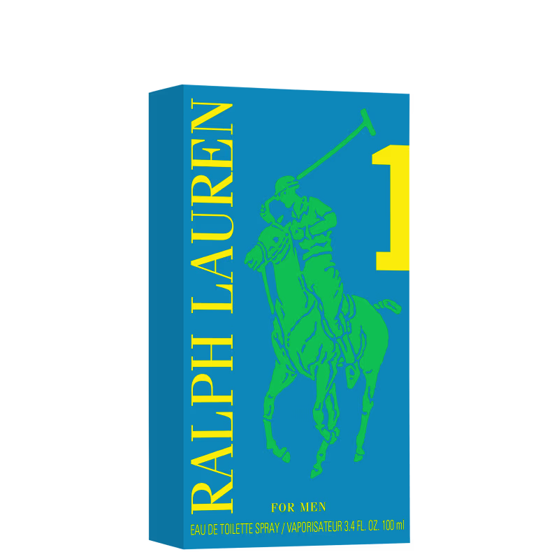 Frasco de perfume Big Pony 1 azul com logotipo verde da marca Ralph Lauren em destaque. Embalagem de vidro com tampa prateada, apresentando design elegante e minimalista.