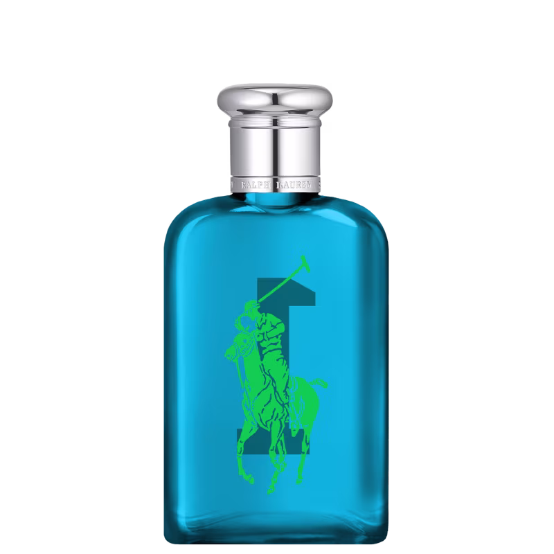 Frasco de perfume Big Pony 1 azul com logotipo verde da marca Ralph Lauren em destaque. Embalagem de vidro com tampa prateada, apresentando design elegante e minimalista.