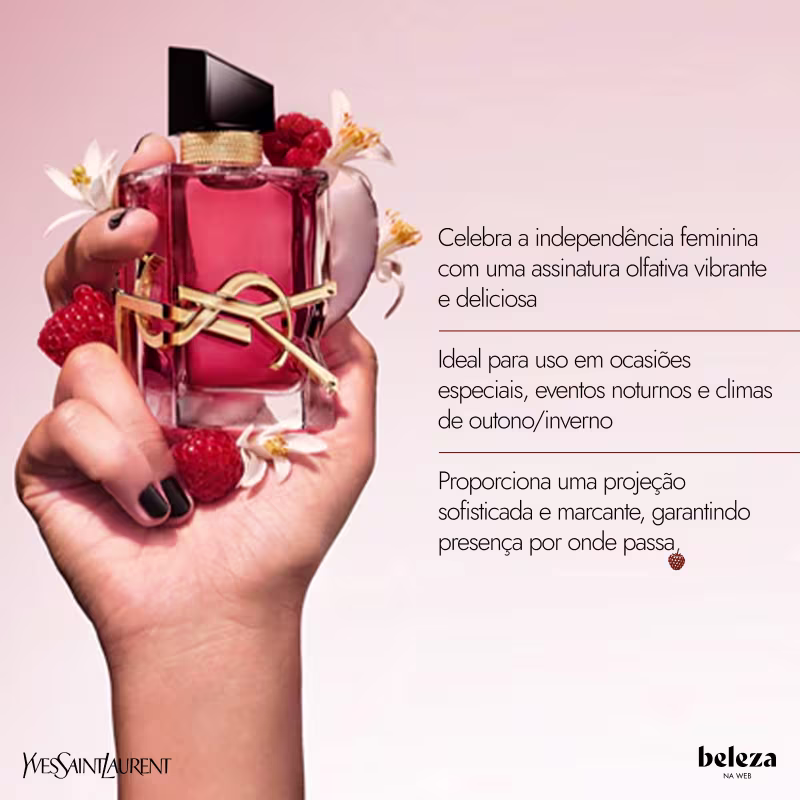 Frasco de perfume vermelho com detalhes dourados, tampa preta e decoração em formato de laço dourado. O rótulo exibe o nome da marca em letras douradas.
