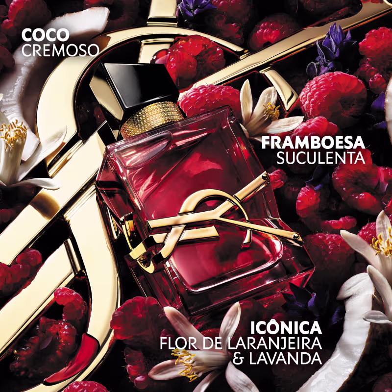A imagem mostra o texto e as notas do perfume Libre Berry Crush: Coco cremoso, Framboesa suculenta, Icônica flor de laranjeira & lavanda.