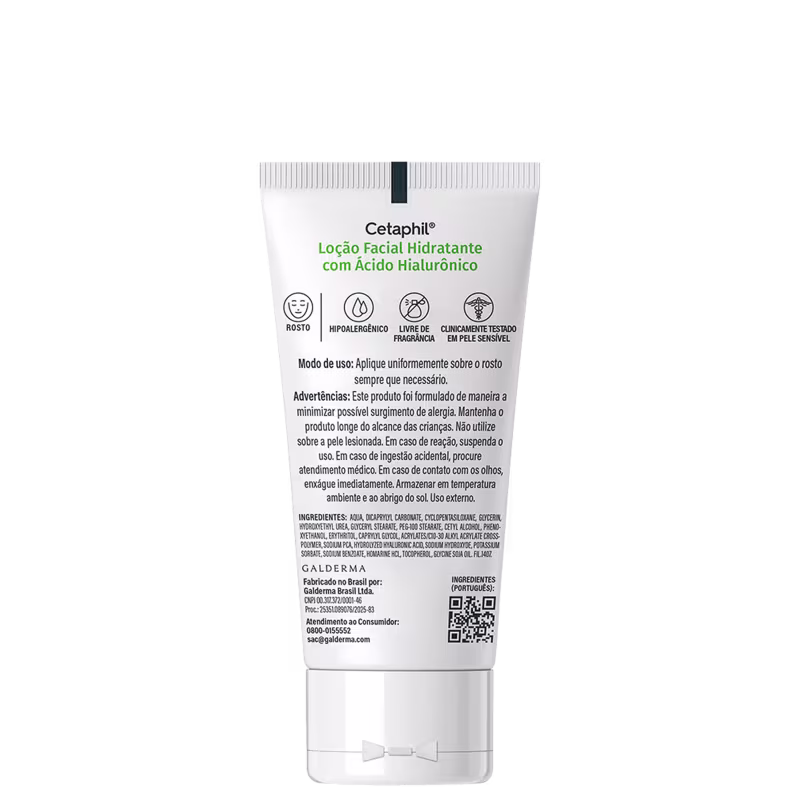 Cetaphil Loção Facial Hidratante com Ácido Hialurônico. Modo de uso: Aplique uniformemente sobre o rosto sempre que necessário. Advertências: Este produto foi formulado de maneira a minimizar possível surgimento de alergia.