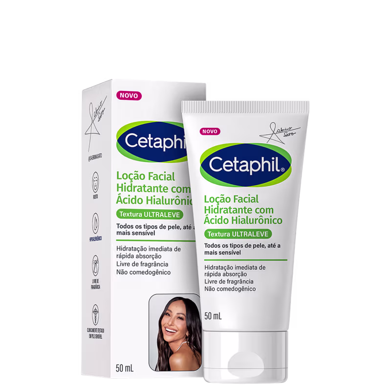 Cetaphil Loção Facial Hidratante com Ácido Hialurônico. Textura ULTRALEVE. Todos os tipos de pele, até a mais sensível. Hidratação imediata de rápida absorção. Livre de fragrância. Não comedogênico.
