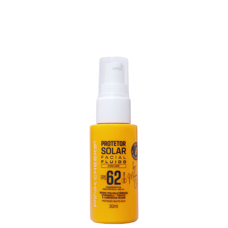 Protetor solar facial fluido da marca Pink Cheeks, com FPS 62 e cor, em frasco branco com tampa e rótulo amarelo destacando as informações do produto.
