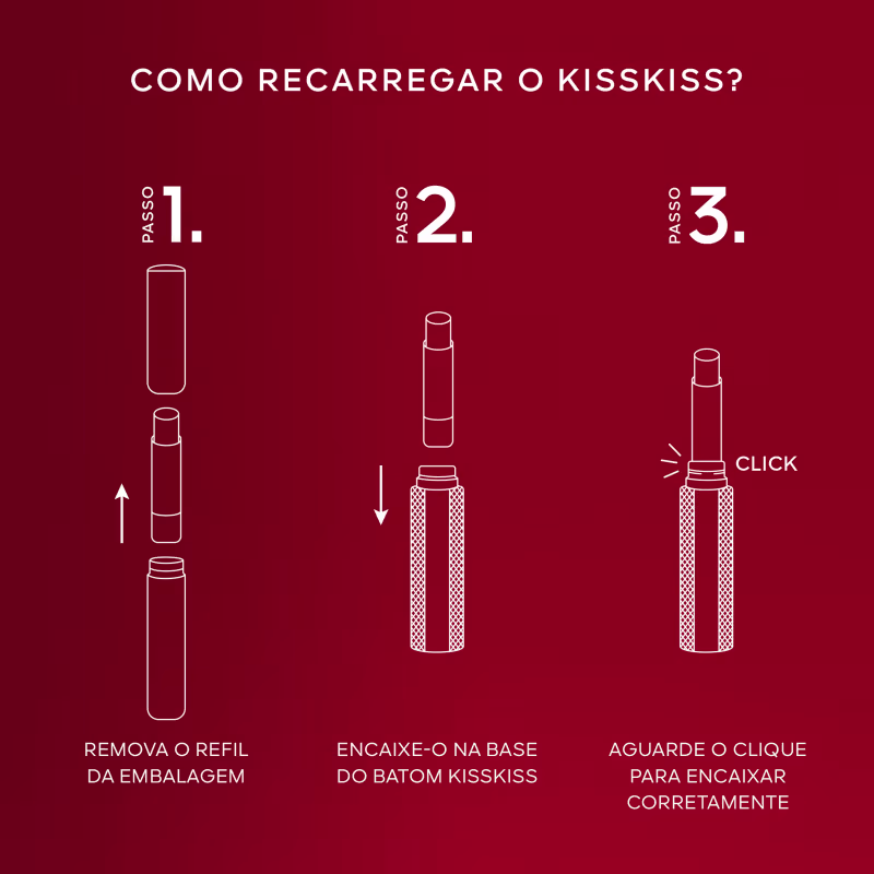 Instruções em 3 passos para recarregar o item de perfumaria: 1. Remover o refil da embalagem; 2. Encaixar na base do item de perfumaria; 3. Aguardar o clique para encaixar corretamente.