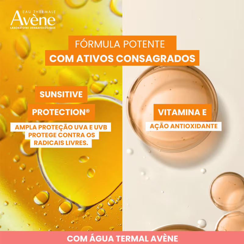 Frasco de spray solar infantil da marca Avène, com proteção solar FPS 50+. Embalagem de plástico laranja com rótulo branco e detalhes gráficos. Produto destinado a crianças, com alta tolerância pediátrica.