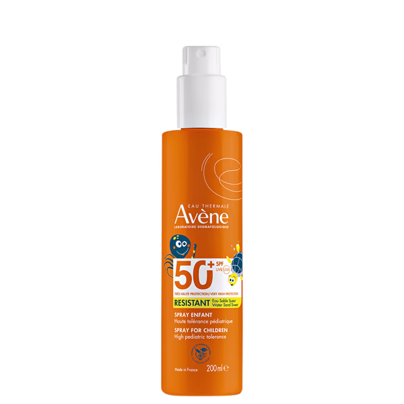 Frasco de spray solar infantil da marca Avène, com proteção solar FPS 50+. Embalagem de plástico laranja com rótulo branco e detalhes gráficos. Produto destinado a crianças, com alta tolerância pediátrica.