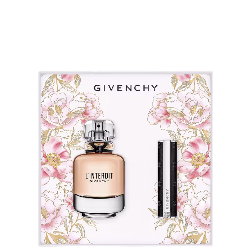 Caixa branca com flores rosa e douradas, contendo um frasco de perfume Givenchy L'Interdit e um batom da mesma marca, em embalagem prateada.