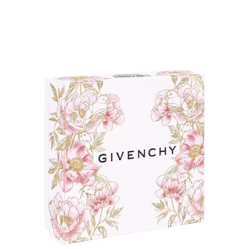 Caixa branca com flores rosa e douradas, contendo um frasco de perfume Givenchy L'Interdit e um batom da mesma marca, em embalagem prateada.