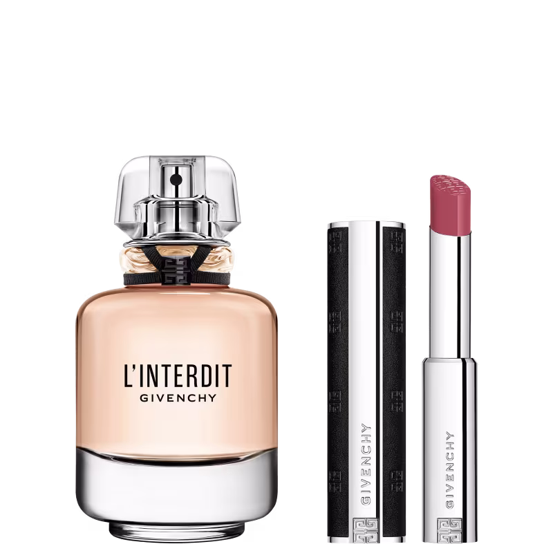 Caixa branca com flores rosa e douradas, contendo um frasco de perfume Givenchy L'Interdit e um batom da mesma marca, em embalagem prateada.