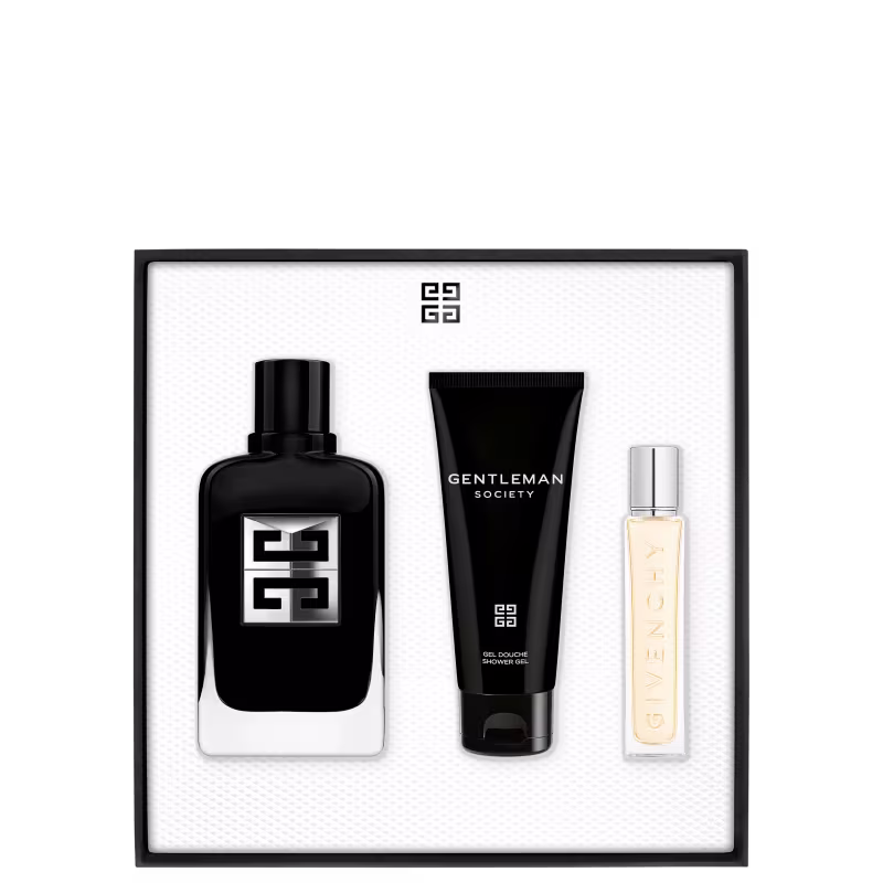 Conjunto de produtos de beleza da marca Givenchy, incluindo um frasco de perfume preto com logotipo, um tubo de gel de banho e um pequeno frasco de perfume, todos embalados em uma caixa branca com o nome da marca.