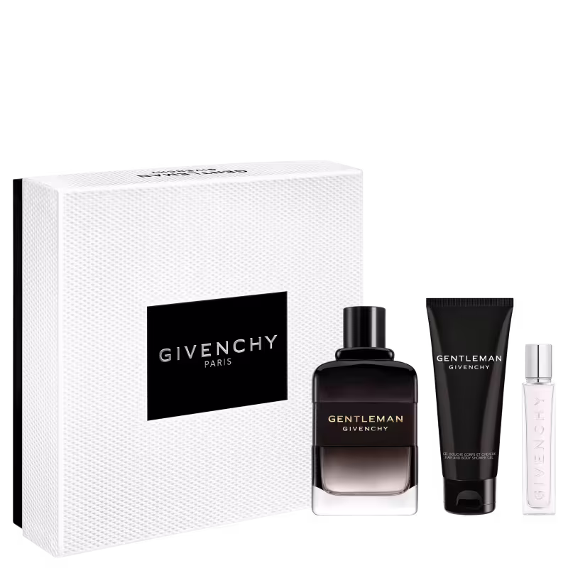 Conjunto de produtos de beleza da marca Givenchy, incluindo um frasco de perfume Gentleman Givenchy, um tubo de gel corporal e um pequeno frasco de amostra, todos em embalagens pretas e brancas com o logotipo da marca.