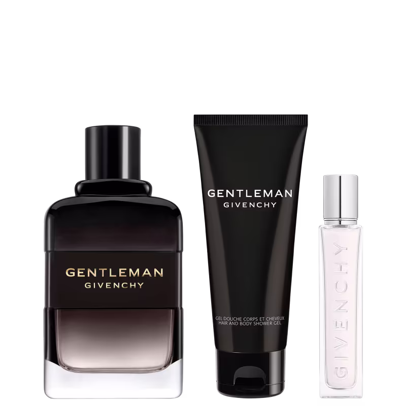 Conjunto de produtos de beleza da marca Givenchy, incluindo um frasco de perfume Gentleman Givenchy, um tubo de gel corporal e um pequeno frasco de amostra, todos em embalagens pretas e brancas com o logotipo da marca.
