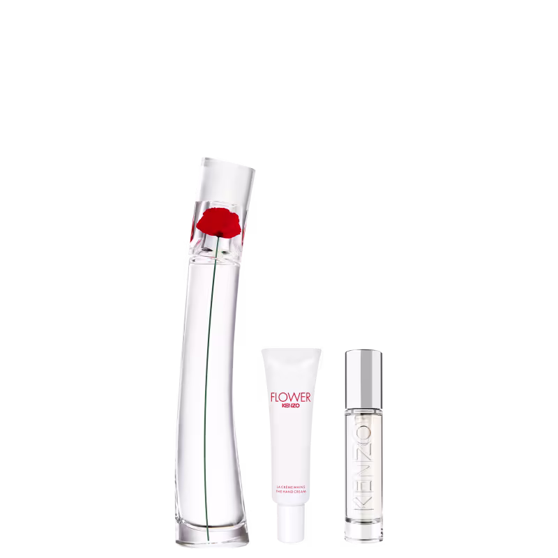 Caixa com flores vermelhas, rosas e verdes, contendo um conjunto de produtos da marca Kenzo, incluindo um frasco de perfume, um tubo de creme e uma embalagem menor.