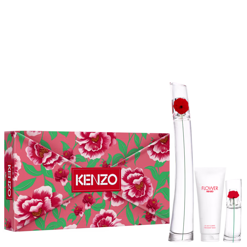 Conjunto de produtos de beleza da marca Kenzo, incluindo um frasco de perfume, um tubo de creme corporal e uma embalagem decorativa com estampa floral em tons de rosa, vermelho e verde.