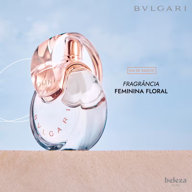 Frasco de item de perfumaria da marca Bvlgari com fragrância feminina floral, com texto "Eau de Toilette" e "Fragrância Feminina Floral".