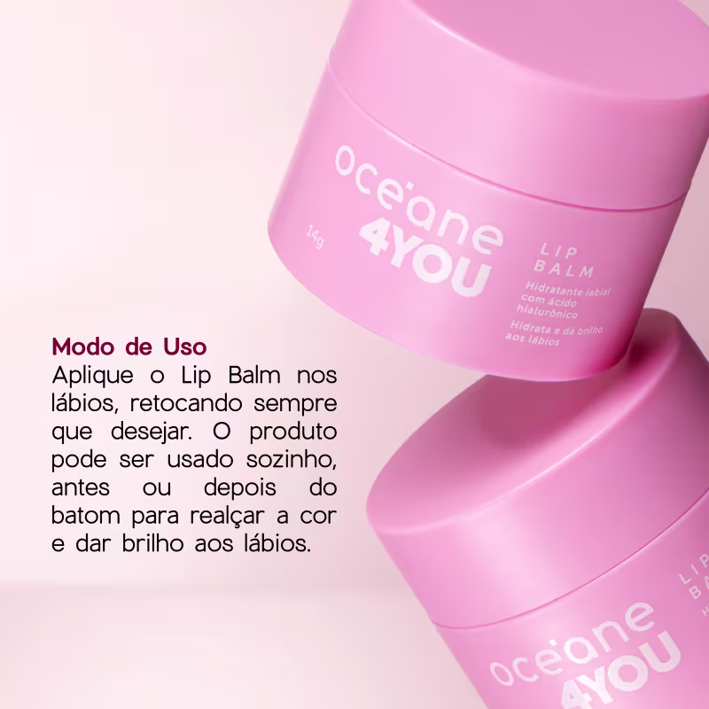 Modo de Uso: Aplique o Lip Balm nos lábios, retocando sempre que desejar. O produto pode ser usado sozinho, antes ou depois do batom para realçar a cor e dar brilho aos lábios.
