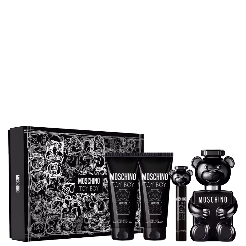 Conjunto Toy Boy Moschino Masculino - Perfume Eau de Parfum 100ml + Shower Gel 100ml + After Shave 100ml + Travel Size 10ml