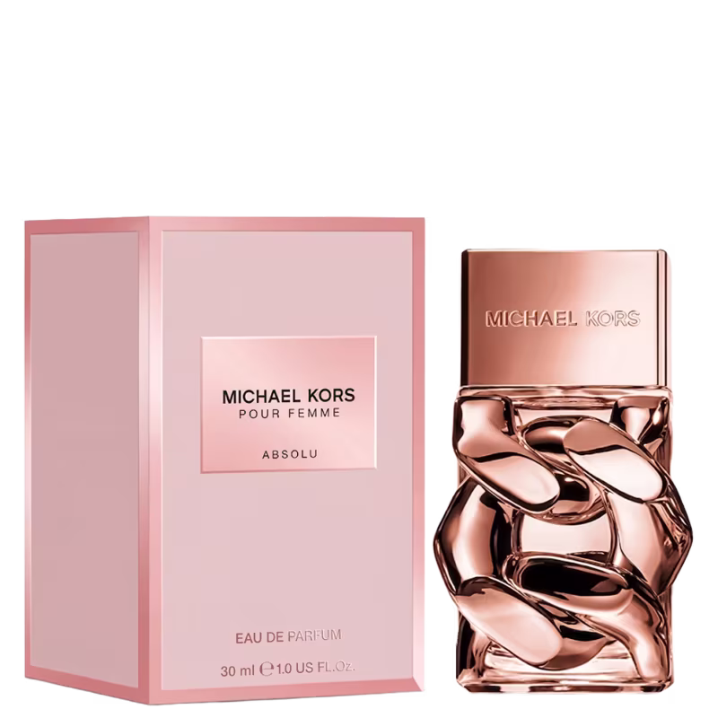 Frasco de perfume da marca Michael Kors em tom rosado metálico, com design escultural e texto em relevo na embalagem.