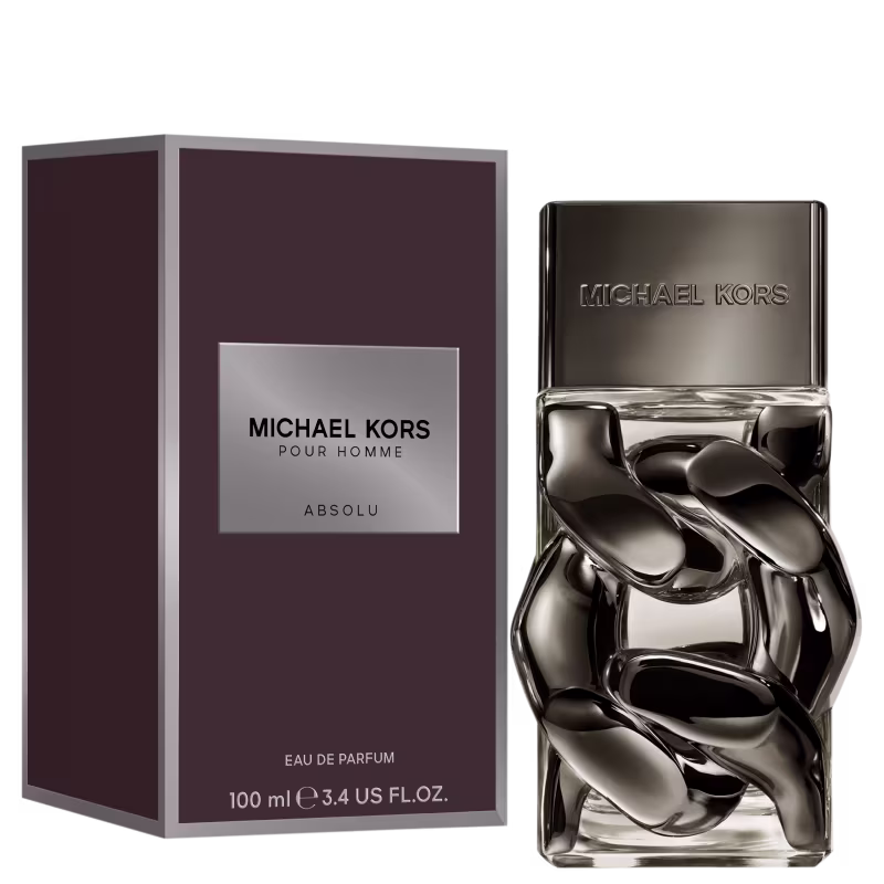 Frasco de perfume masculino Michael Kors Absolu em embalagem de cor escura, com rótulo destacado em prata. O frasco possui um design elegante e moderno, com formas fluidas e brilhantes.