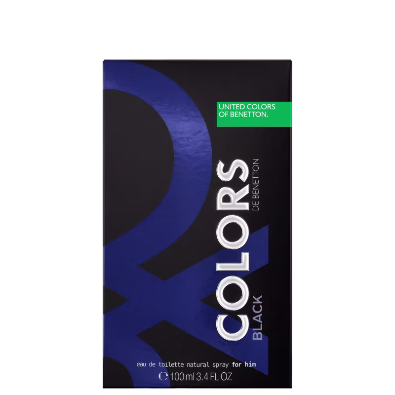Frasco de perfume masculino da marca Colors Man, com design moderno e predominância de cores preto e prata. O rótulo apresenta o nome da marca em letras brancas destacadas.