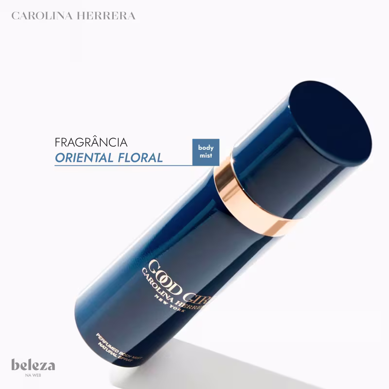 Imagem de um item de perfumaria da marca Carolina Herrera, com a fragrância "Oriental Floral" e a indicação "body mist" (borrifador corporal). O item possui embalagem azul escura com detalhes dourados.