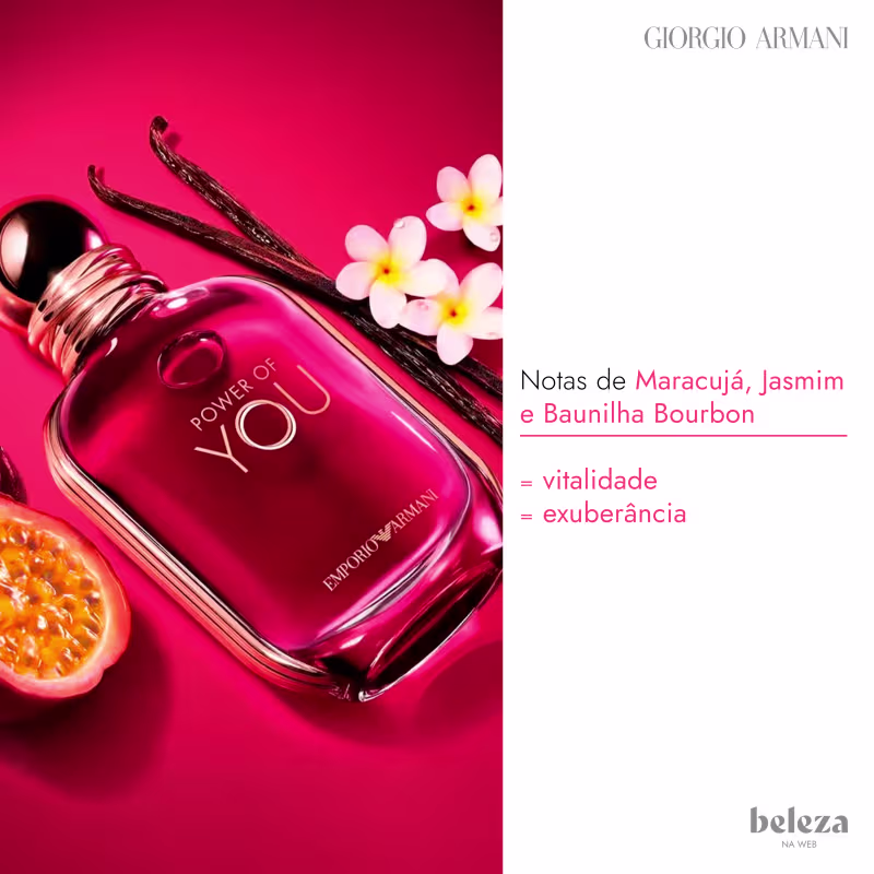 Frasco de item de perfumaria da marca Giorgio Armani com notas de maracujá, jasmim e baunilha bourbon, exibindo vitalidade e exuberância.