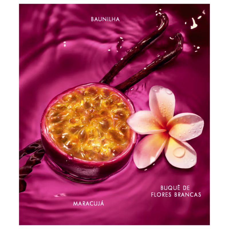 Imagem mostra um recipiente de vidro contendo uma substância amarela , com dois bastões de madeira e uma flor branca ao lado. O texto na imagem inclui "BAUNILHA", "MARACUJÁ" e "BUQUE DE FLORES BRANCAS".