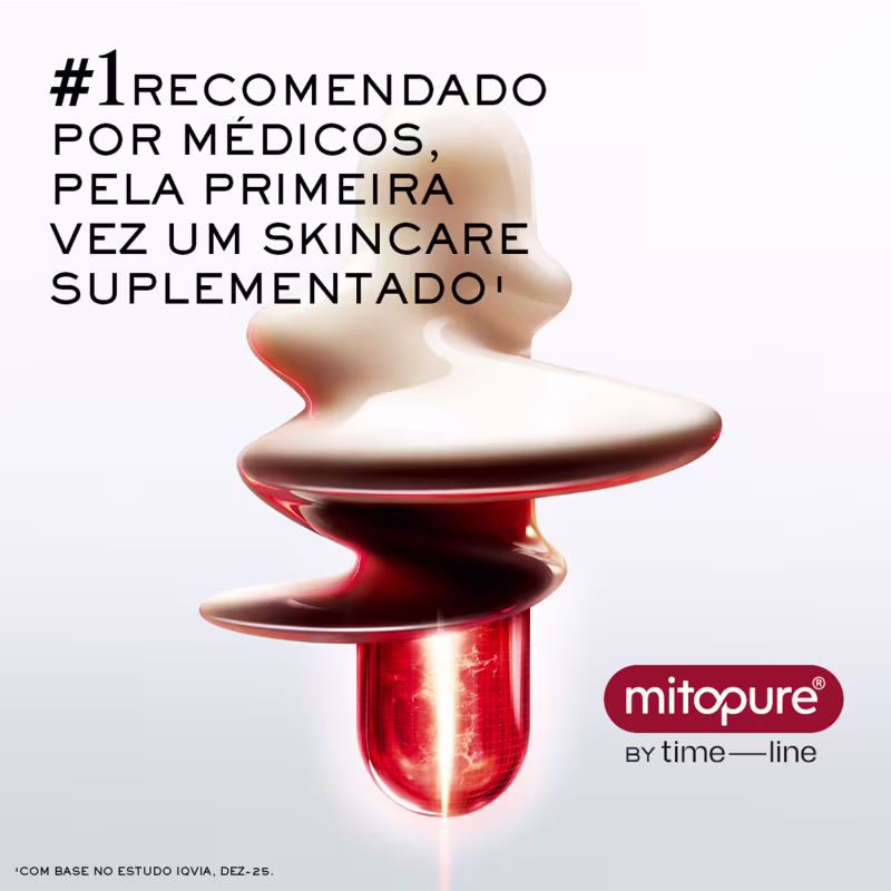  "#1 recomendado por médicos, pela primeira vez um skincare suplementado" e logotipo da marca Mitopure.