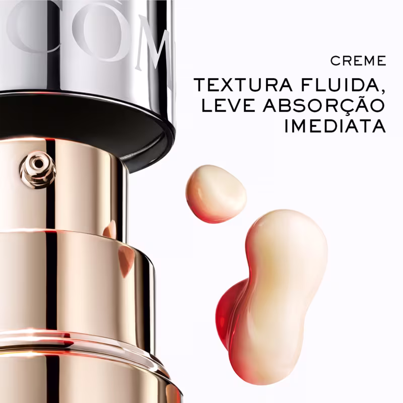  "CREME TEXTURA FLUIDA, LEVE ABSORÇÃO IMEDIATA" e logotipo Lancôme visível, em tons de preto, branco e dourado.