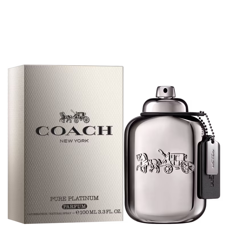 Frasco de perfume da marca Coach em embalagem prateada com detalhes em preto, contendo 100 ml de produto. A embalagem apresenta o logotipo da marca e a indicação "Pure Platinum Parfum".