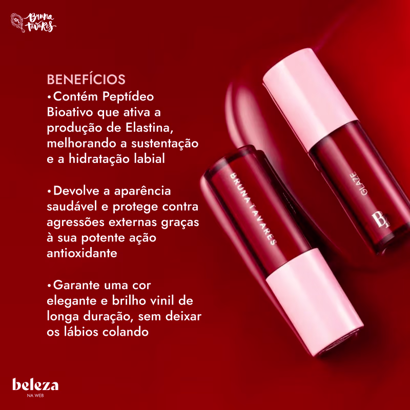 Com Peptídeo Bioativo que ativa a produção de Elastina, melhorando a sustentação e a hidratação labial
Devolve a aparência saudável e protege contra agressões externas
Cor elegante e brilho vinil de longa duração, sem deixar os lábios colando