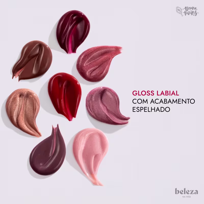 Diversos tons de gloss labial com acabamento espelhado da marca Bruna Tavares, em cores que variam do rosa ao vermelho escuro.