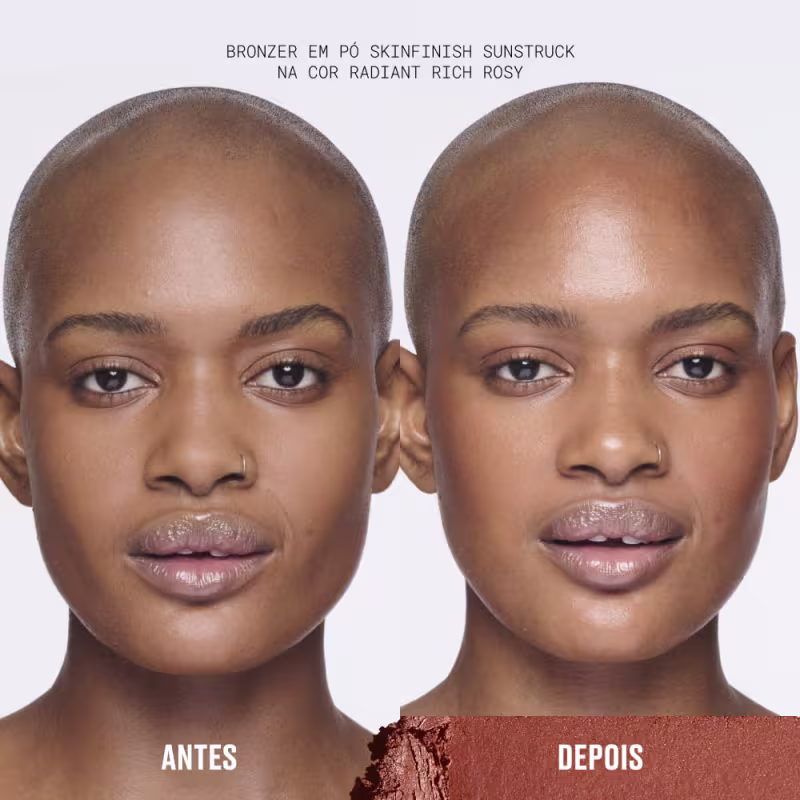 O anúncio apresenta um bronzer em pó da marca Skinfinish Sunstruck, na cor radiant rich rosy, com imagens antes e depois de sua aplicação no rosto de uma modelo. 
