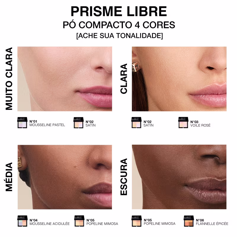Prisme Libre pó compacto 4 cores. Ache sua tonalidade. Mousseline pastel, satin, voile rose, mousseline acidulée, popeline mimosa, flannelle épicée.