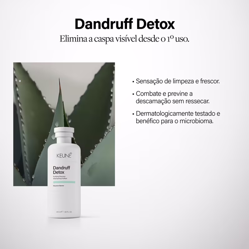 Frasco branco de 300 ml da linha Dandruff Detox da Keune, um xampu purificante para combater a caspa.