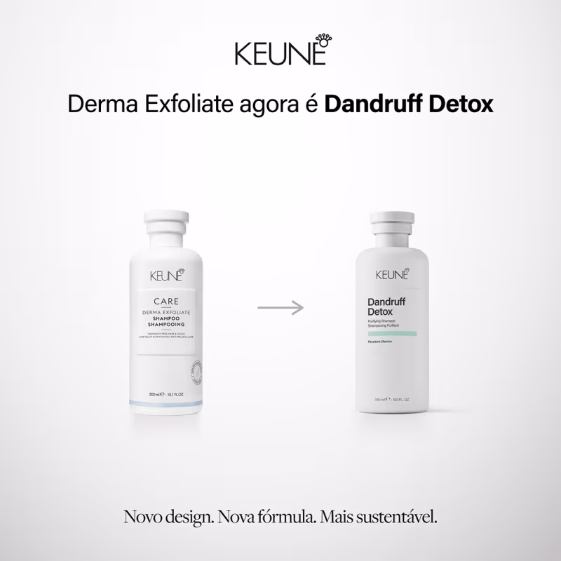 Frasco branco de 300 ml da linha Dandruff Detox da Keune, um xampu purificante para combater a caspa.