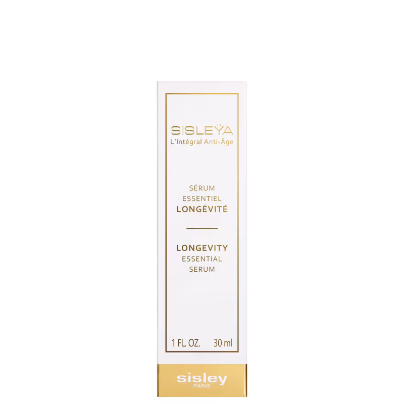 Frasco branco com rótulo dourado da marca Sisley contendo "Serum Essentiel Longévité", um item de perfumaria para cuidados com a pele.