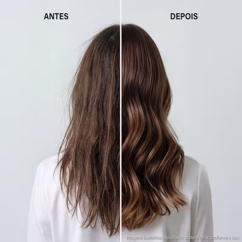 Imagem antes e depois de tratamento capilar com produto da marca Keune, mostrando a transformação do cabelo de opaco e ressecado para brilhante e saudável.