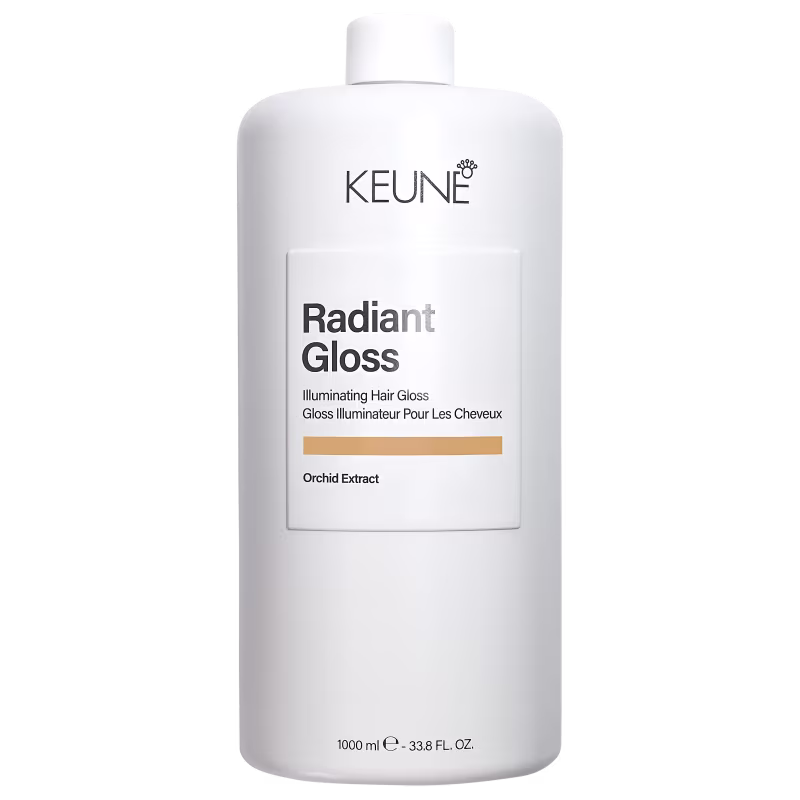 Frasco branco da linha Radiant Gloss da Keune, com rótulo destacando o nome do produto e ingrediente principal, o extrato de orquídea. Embalagem de 1000 ml, com design minimalista e informações sobre o produto.